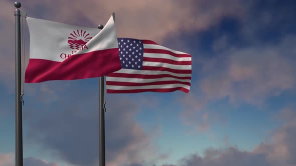 Chula Vista City Flag Waving Along With The National Flag Of The USA - 4K