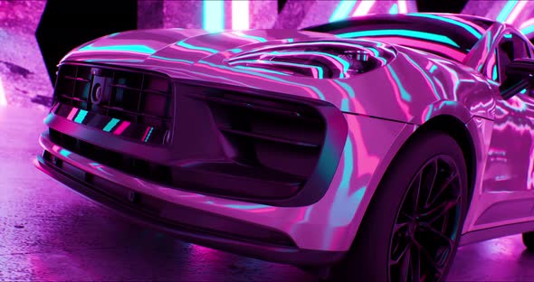 White Modern Speeding White Car with Headlights on Driving Fast Through a Neon Tunnel