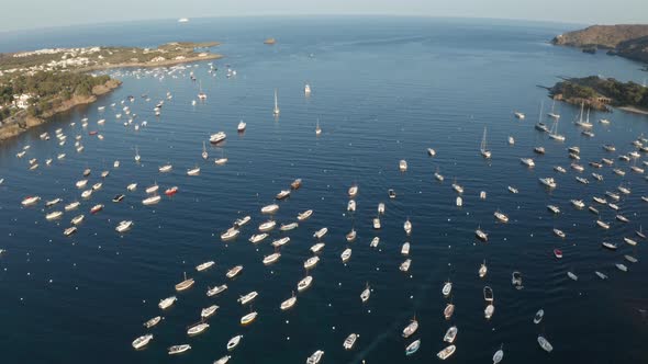 Drone Flight Over Yachts in Blue Bay Near Cadaques