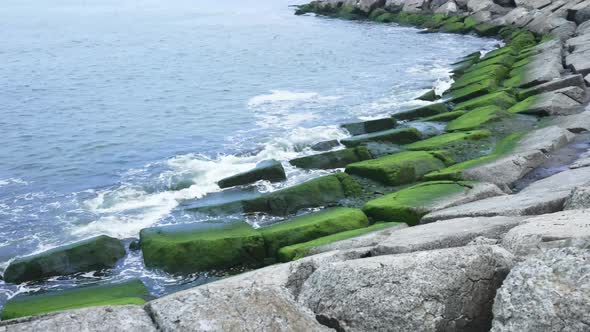 Sea waves crashing on mossy wave breaker rocks, pan shot