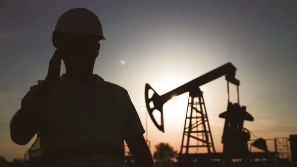 Silhouette of Man Engineer with Phone Overseeing the Site of Crude Oil Production at Sunset