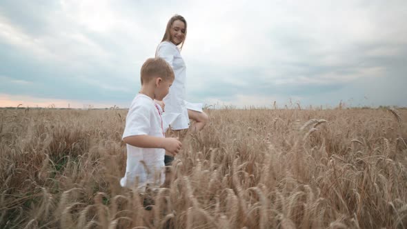 Young Cute Mother Son Wheat Field Countryside Nature Woman Enjoy Walks Her Little Boy