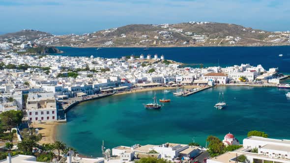 Timelapse of Mykonos Port with Boats, Cyclades Islands, Greece