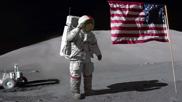 Astronaut saluting the American flag. 3d rendering.