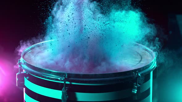 Super Slow Motion Shot of Drum Hit with Color Powder Explosion at 1000 Fps.