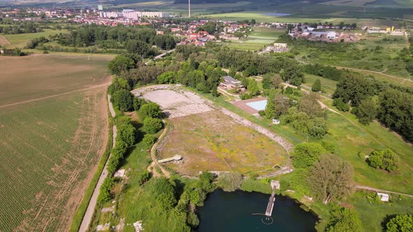 Aerial view of a swimming pool in the town of Tornala in Slovakia