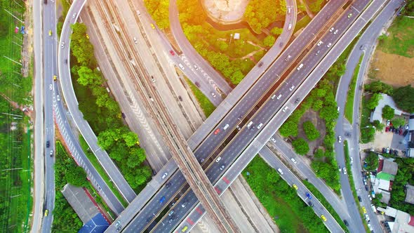 Stunning Aerial view drone shot above freeway traffic