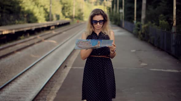 Female Traveler Waiting Train And Looking Town Plan On Navigation Map For Journey. City Paper Mapю