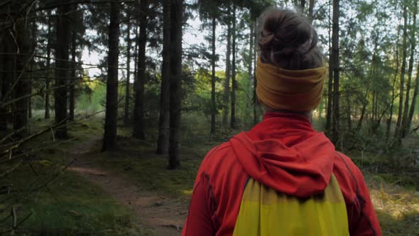 female hiker walking on a trail in the woods, moving shot, camera tracking /dolly in on a steadicam