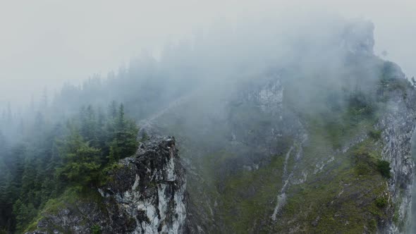 View of the Steep Rocky Mountains Overgrown with Spruce Forest