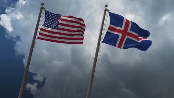 Waving Flags Of The United States And Iceland 4K