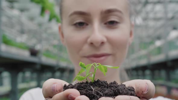 Close-up of Green Plant in Female Hands with Blurred Face of Young Woman at the Background