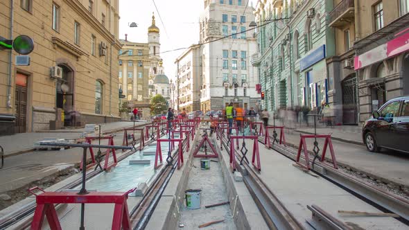 Tram Rails at the Stage of Their Installation and Integration Into Concrete Plates on the Road