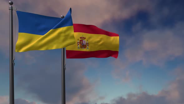 Spain Flag Waving Along With The National Flag Of The Ukraine  2K