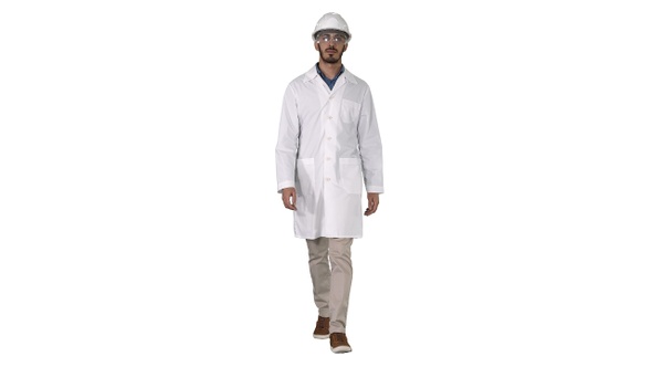 Science engineer walking in safety helmet and glasses on