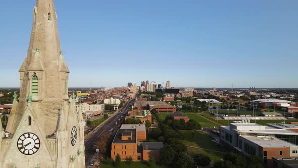 Clock Tower Reveal of American City of St. Louis - Copy Space for Text in Sky. Aerial Establishing D