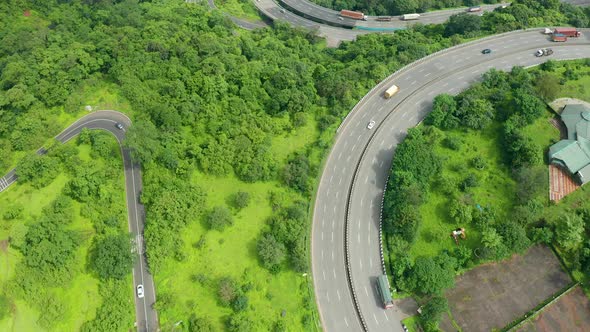 Top drone view of the Mumbai Pune Express way at Khandala crossing the Western Ghats of India