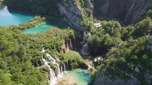 View of the beautiful Plitvice Lakes National Park with many waterfalls. Waterfall cascade in Croati