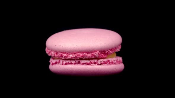 Pink Macaroon Rotating on a Black Background. Food Concept. Sweets Close up on a Turntable