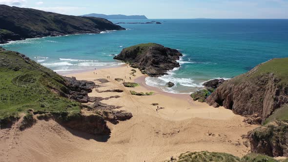 Aerial View of the Murder Hole Beach Officially Called Boyeeghether Bay in County Donegal Ireland