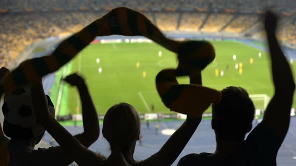 German Football Fans Happily Hugging and Waving National Flag at Stadium, Soccer