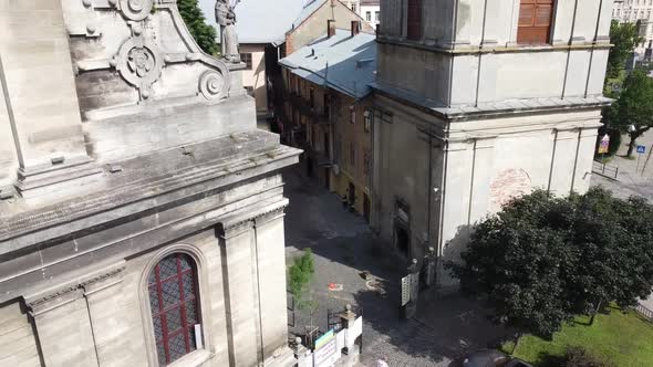 Aerial drone view of a flying over the Catholic Cathedral.