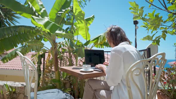 Side View Young Female Businesswoman Using Laptop Outdoors at Terrace with Palm Trees Remote Online