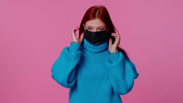 Sad Unhappy Girl Putting on Face Hygienic Medical Mask to Prevent Respiratory Coronavirus Infection