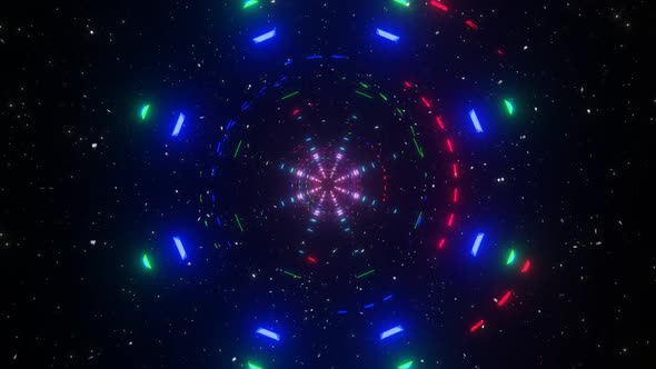 Endless futuristic space tunnel with neon lights.. Multicolored motion graphics