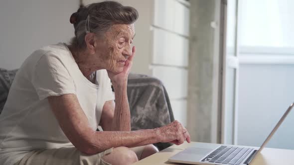 Senior Woman Using Laptop at Home. Elderly People Learning Modern Technology. Smiling Senior Woman