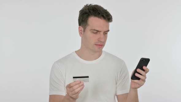 Online Shopping Failure on Smartphone for Young Man on White Background