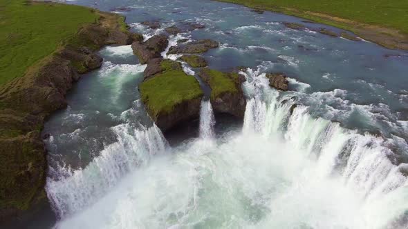 Drone Aerial Footage of the Godafoss Waterfall in North Iceland