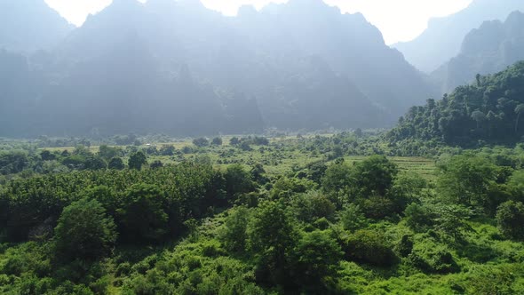 Nature landscape near town of Vang Vieng in Laos seen from the sky