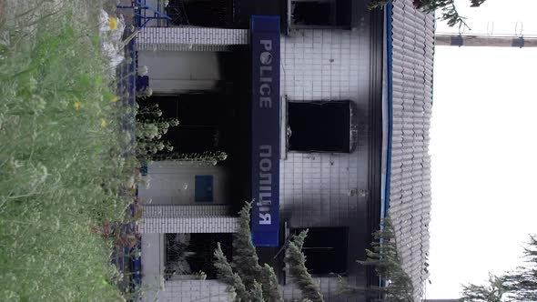 Vertical Video of a Wartorn Police Station in Ukraine