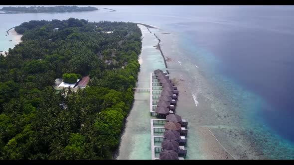 Aerial view travel of exotic island beach trip by clear lagoon and bright sandy background of a dayo