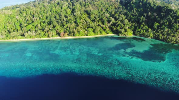 Aerial: flying over tropical island white sand beach Banda Islands Indonesia