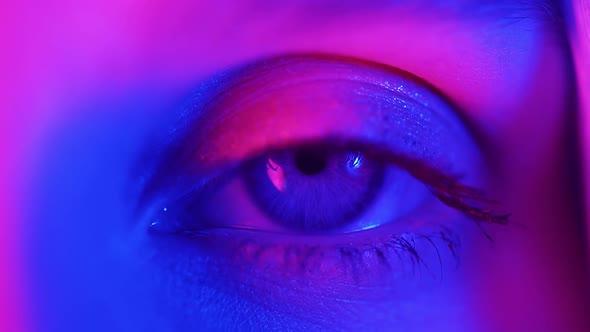 Extreme Close Up of Human Eye Iris Under Neon Light