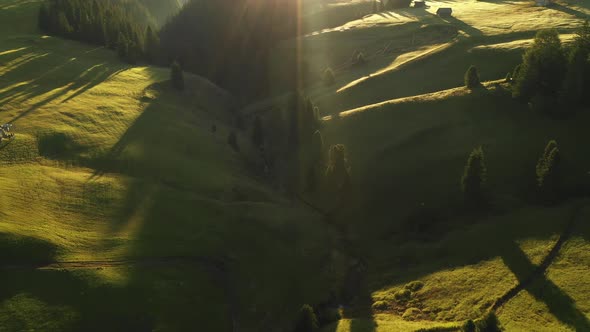 Aerial video of the sunrise in the Dolomites mountains