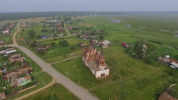 Aerial view of Old ruined abandoned church in a village 12