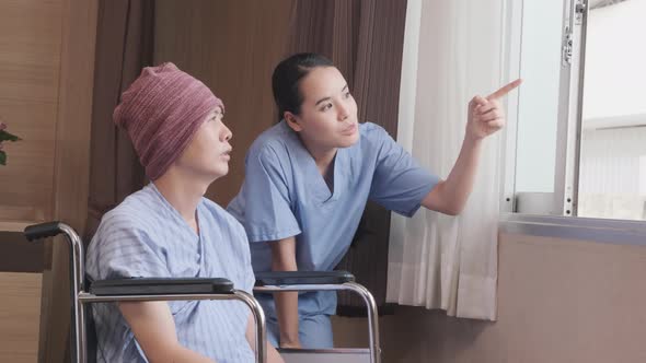 A female doctor with a wheelchair patient at window, recovering from illness.