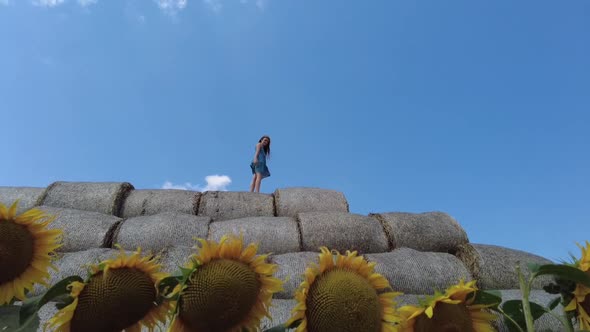 Young Girl Standing on Top of the Round Hay Bale in the Sunflowers Field in Summer in Belarus