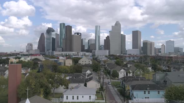 This video is about an aerial of downtown Houston skyline from nearby neighborhood. This video was f