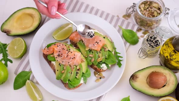 Healthy Breakfast or Snack  Making Soft Cheese Avocado and Salmon Sandwich