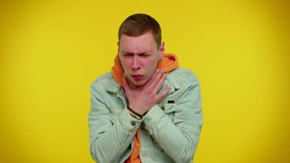 Unhealthy Man Coughing Covering Mouth with Hand Feeling Sick Allergy or Viral Infection Symptoms
