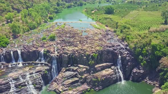 Drone Shows Waterfalls Pongour From Cliff Against Jungle Highlands