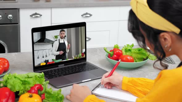 Man Food Blogger in Computer Screen Tells Teaches Housewife Online Video Call