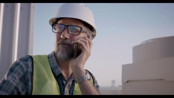 Engineer Having Phone Call on a Cell Tower