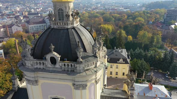 Aerial Video of Saint Yura Church in Central Part of Old City of Lviv, Ukraine