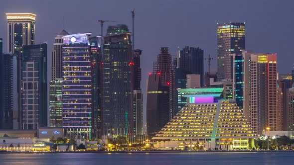 Doha Downtown Skyline Day To Night Timelapse Qatar Middle East