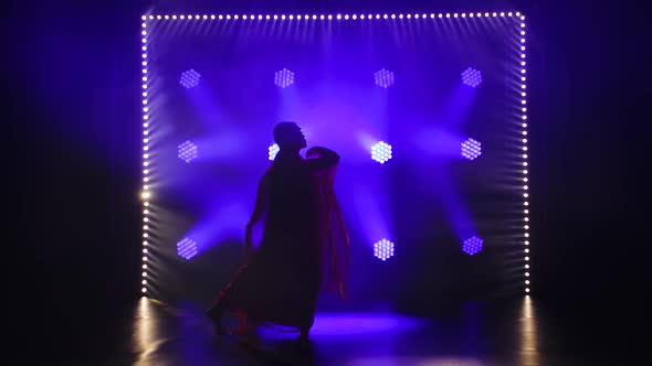 Silhouette a Young Girl Dancer in a Red Sari. Indian Folk Dance. Shot in a Dark Studio with Smoke